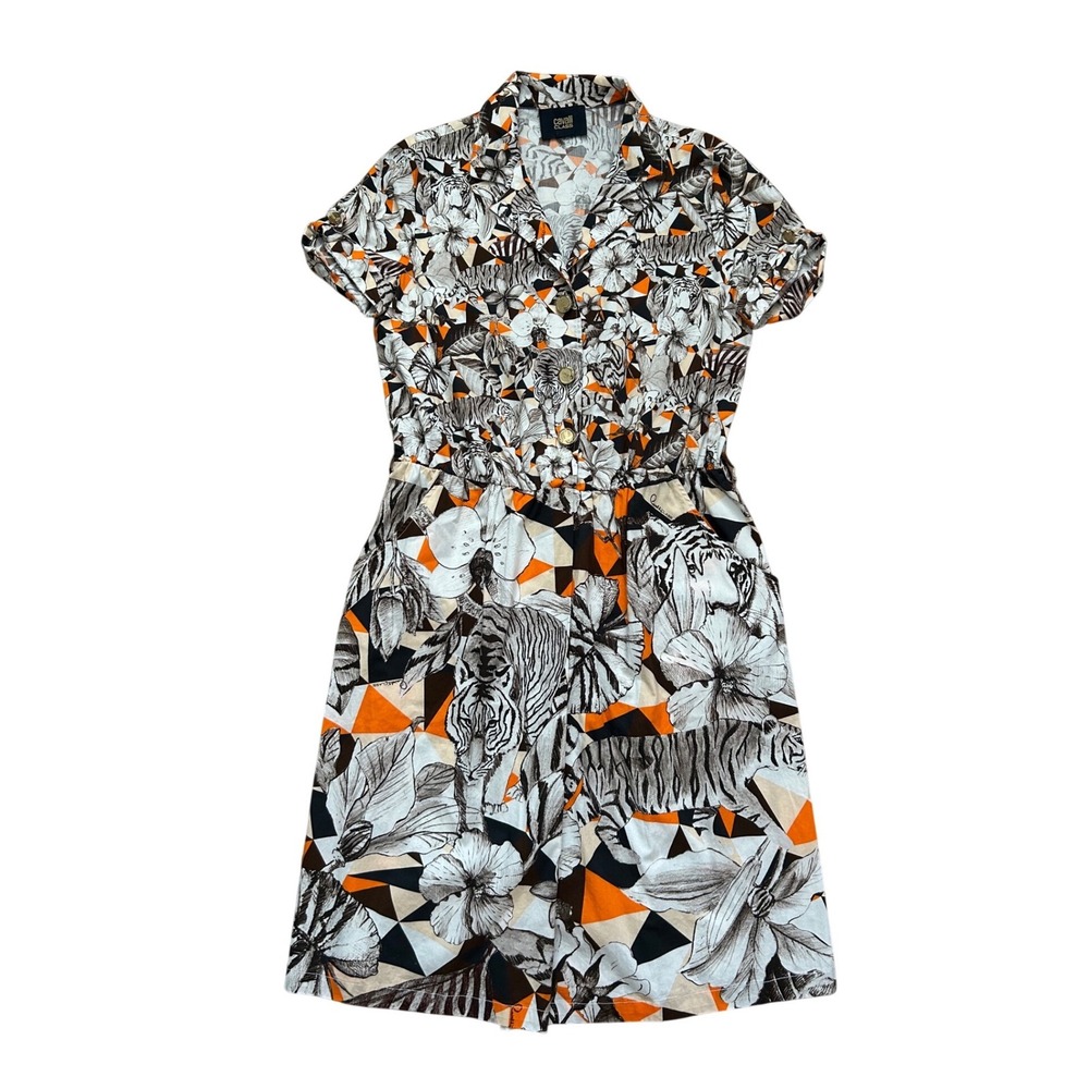 Roberto Cavalli animal print‎ floral button up collard shortsleeve midi dress